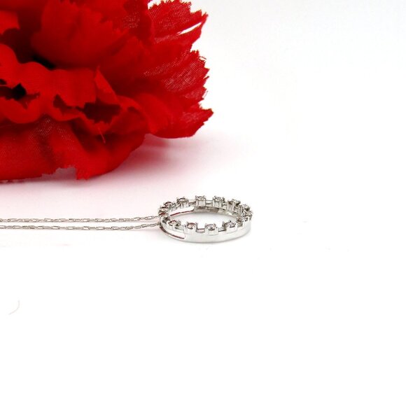 Round & Baguette Diamond Circle Pendant Necklace Solid 10k White Gold Natural - Picture 5 of 6